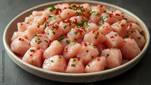 Seasoned chicken cubes on a plate, dark background, ready for cooking photo