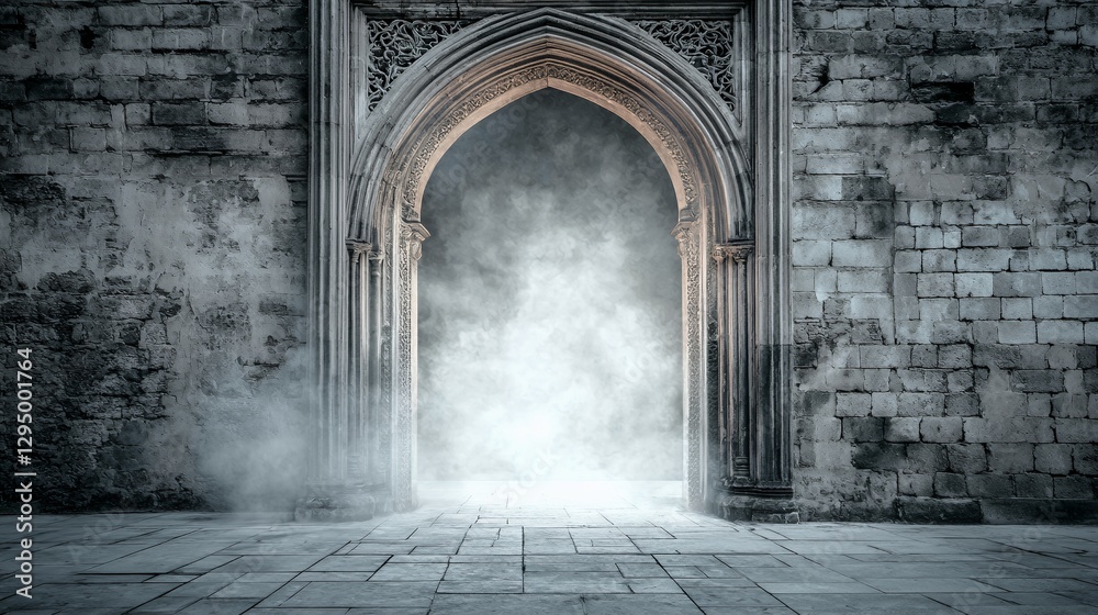 Ancient Stone Archway Entrance with Fog and Dramatic Lighting