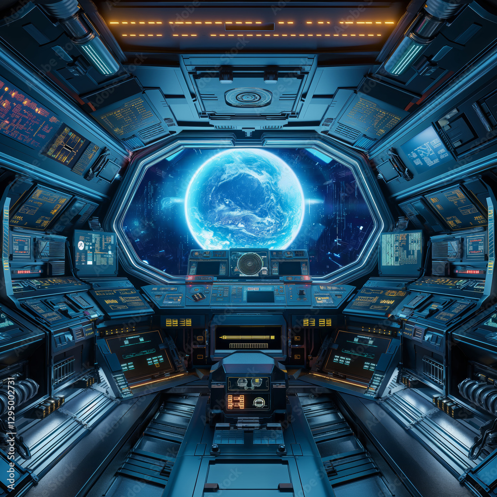 Fototapeta premium Futuristic Spaceship Interior with Earth View from Window