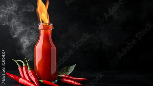 Chilly sauce or ketchup in glass bottle made of red hot chili peppers on black background with flame and smoke. Mexican paprika spice. Mockup for logo or design photo