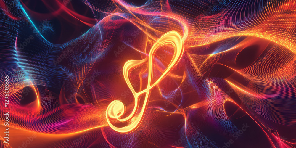 A surreal 3D abstract background featuring a levitating, glowing neon treble clef emitting swirling waves of sound energy. The futuristic atmosphere creates a high-tech representation of music, melody A surreal 3D abstract background featuring a levitating, glowing neon treble clef emitting swirling waves of sound energy. The futuristic atmosphere creates a high-tech representation of music, melody