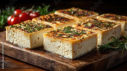 Seasoned tofu cubes on wooden board with fresh herbs and cherry tomatoes photo