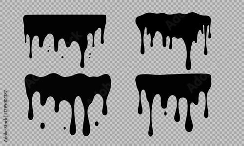 Black paint, oil, ink drops. Vector liquid silhouettes. Creates rough texture and dramatic contrast, adding an artistic and modern touch