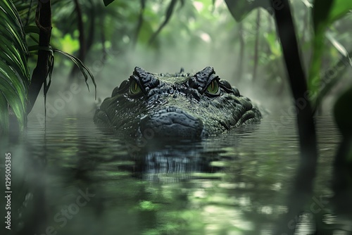 A crocodile lurking in a swampy jungle river, only its piercing eyes snout visible above the water, mist rising, thick vines hanging over the surface, photo 