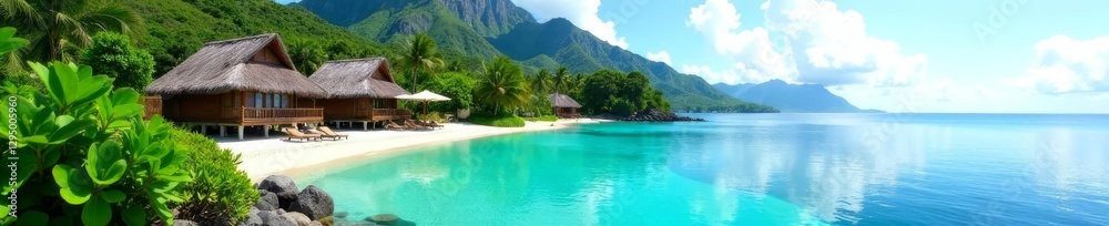 Bora Bora hotel access, lush greenery, clear water, resort, serene, sky Bora Bora hotel access, lush greenery, clear water, resort, serene, sky