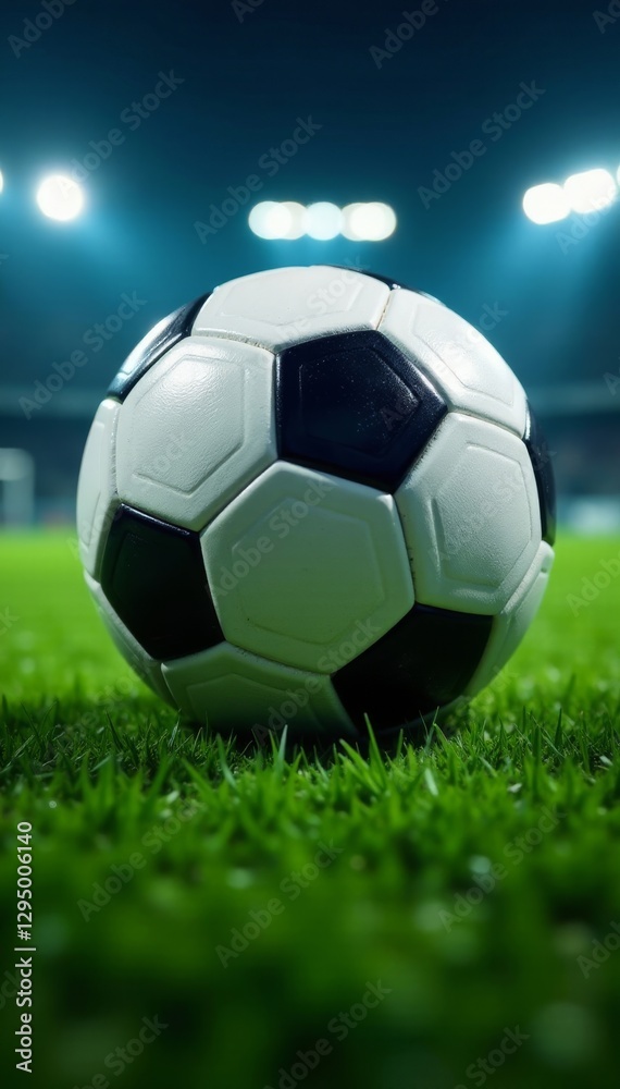 Naklejka premium Close-up soccer ball, intense floodlit game, artificial turf, tournament, background, night photography
