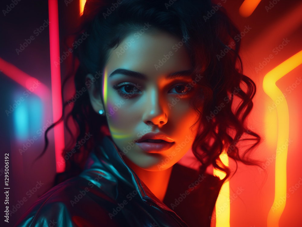 Fototapeta premium Close up portrait of beautiful young woman with neon lights in futuristic world. 