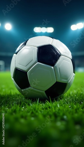 Close-up soccer ball, intense floodlit game, artificial turf, tournament, background, night photography