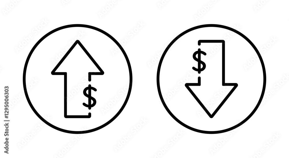 Up and down percent outline icon on circle line. Lower and higher price arrow sign symbol Up and down percent outline icon on circle line. Lower and higher price arrow sign symbol