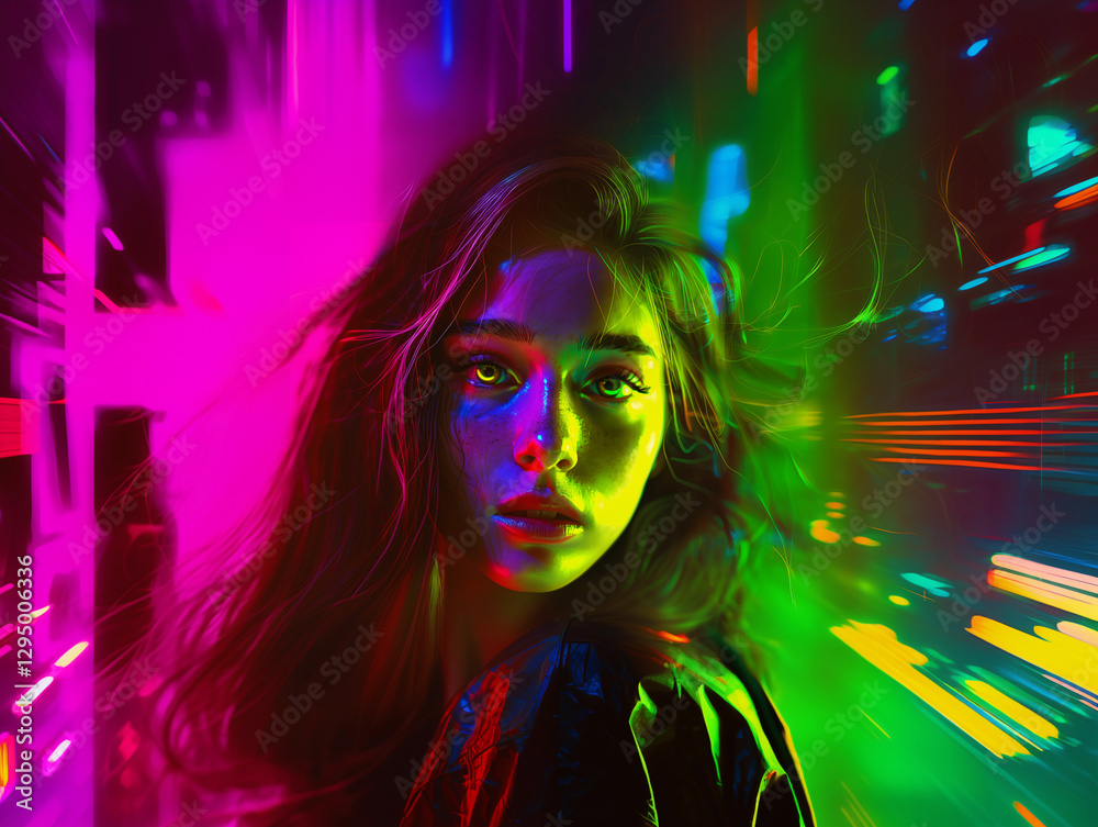 Close up portrait of beautiful young woman with neon lights in futuristic world. Close up portrait of beautiful young woman with neon lights in futuristic world.