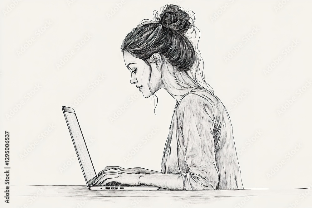 Woman with bun working on laptop computer Woman with bun working on laptop computer