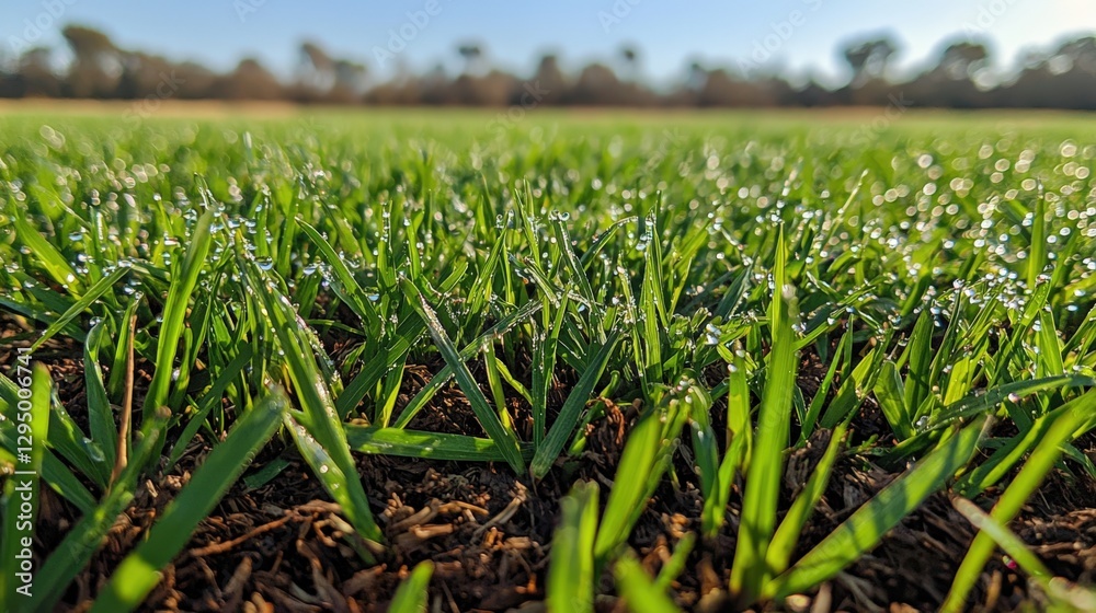 Obraz premium Morning Dew on Lush Green Grass Fields - Nature Close-Up Photography
