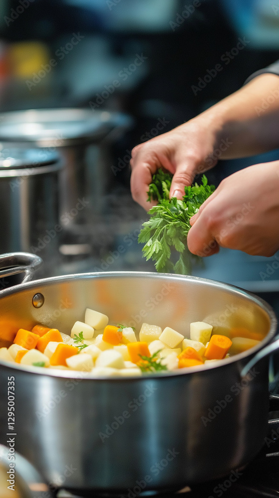 Cook adds fresh greens to stockpot of vegetables