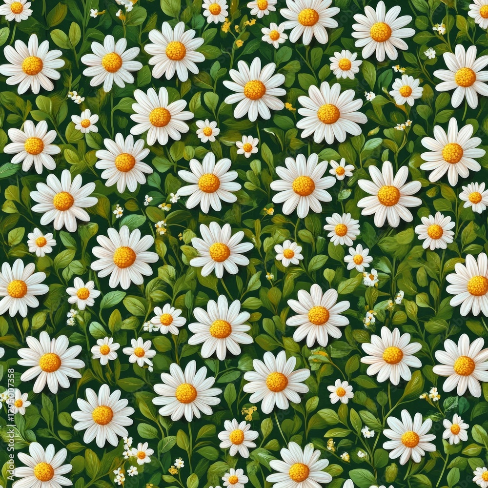 Vibrant daisy pattern with green leaves and blossoms Vibrant daisy pattern with green leaves and blossoms