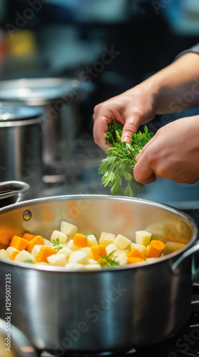 Obraz na płótnie Cook adds fresh greens to stockpot of vegetables w salonie