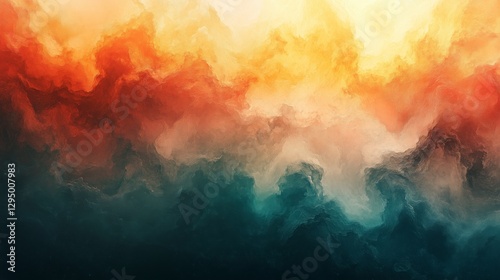 Abstract painting with warm orange and yellow hues blending into deep teal and dark shadows, resembling a stormy sky or cosmic nebula.