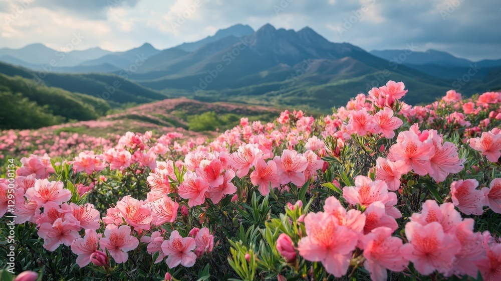 Obraz premium Stunning Pink Azaleas in Vibrant Mountain Landscape During Spring
