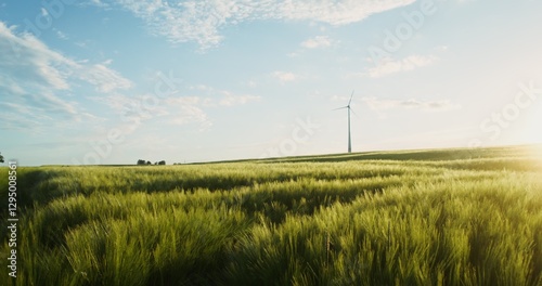 Fotografie A picturesque view of a green valley with a wind generator standing among the fields