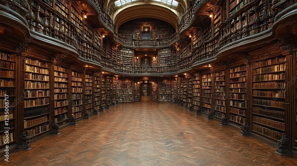 Fototapeta premium Stunning Vintage Library Interior with Wooden Bookshelves and Warm Lighting