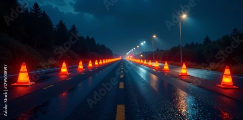 Reflective cones & powerful lights illuminate nighttime highway construction , maintenance, machinery, project