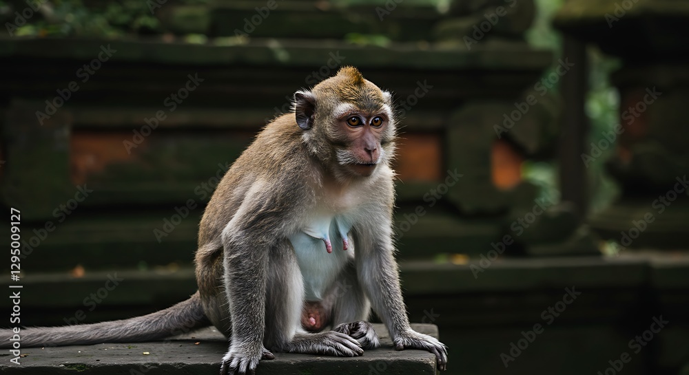 Obraz premium Monkey Sitting and Staring Intently in Lush Temple Setting