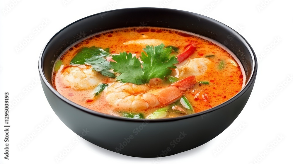 Delicious Spicy Shrimp Soup with Fresh Herbs in Black Bowl Delicious Spicy Shrimp Soup with Fresh Herbs in Black Bowl