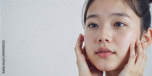 Asian woman in white top camisole poses against clean white wall with her black hairstyle, fresh bare skin, the concept of beauty, skincare, and health wellness.