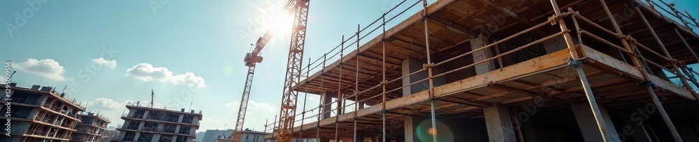 Busy construction site, bright sunny day, scaffolding visible , sky, building, bright sky Busy construction site, bright sunny day, scaffolding visible , sky, building, bright sky