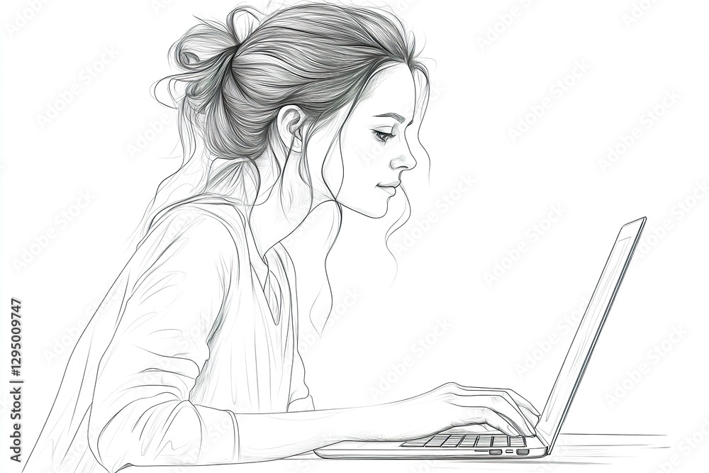 Woman Working on Laptop Sketch Profile View