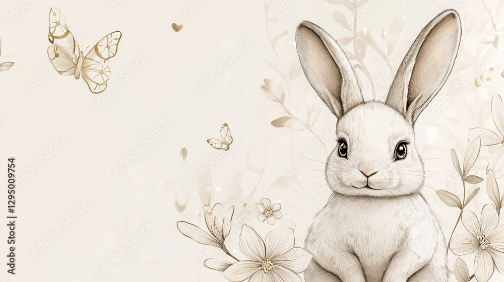 Ethereal Rabbit Portrait: A gentle bunny amidst delicate floral and butterfly motifs, creating a serene and enchanting scene. Ethereal Rabbit Portrait: A gentle bunny amidst delicate floral and butterfly motifs, creating a serene and enchanting scene.