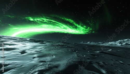 Green aurora borealis over alien planet landscape.