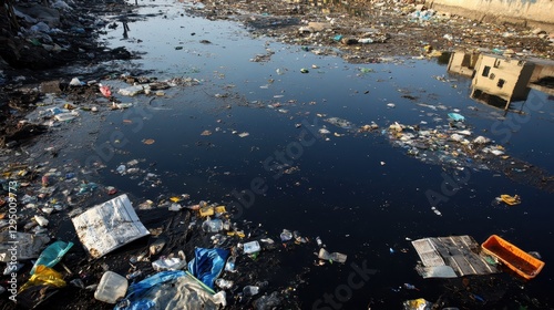 Pollution in urban waterway reveals environmental neglect with plastic waste strewn across the surface near residential buildings during daylight hours