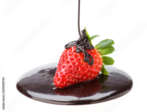 Fotografía Delicious strawberry drizzled with rich chocolate sauce on a clean white surface