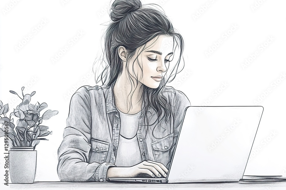 Woman Working on Laptop at Desk with Plant