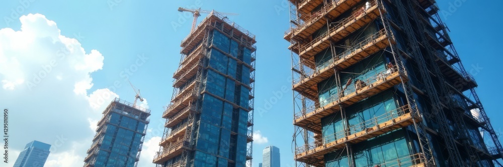 Modern skyscraper under construction, intricate scaffolding , urban landscape, metal, engineering Modern skyscraper under construction, intricate scaffolding , urban landscape, metal, engineering