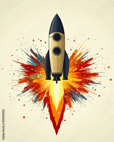 Vibrant Vector Rocket Illustration with Explosive Starry Background - Retro Spacecraft Launching with Colorful Abstract Art - Perfect for Creative Spaces