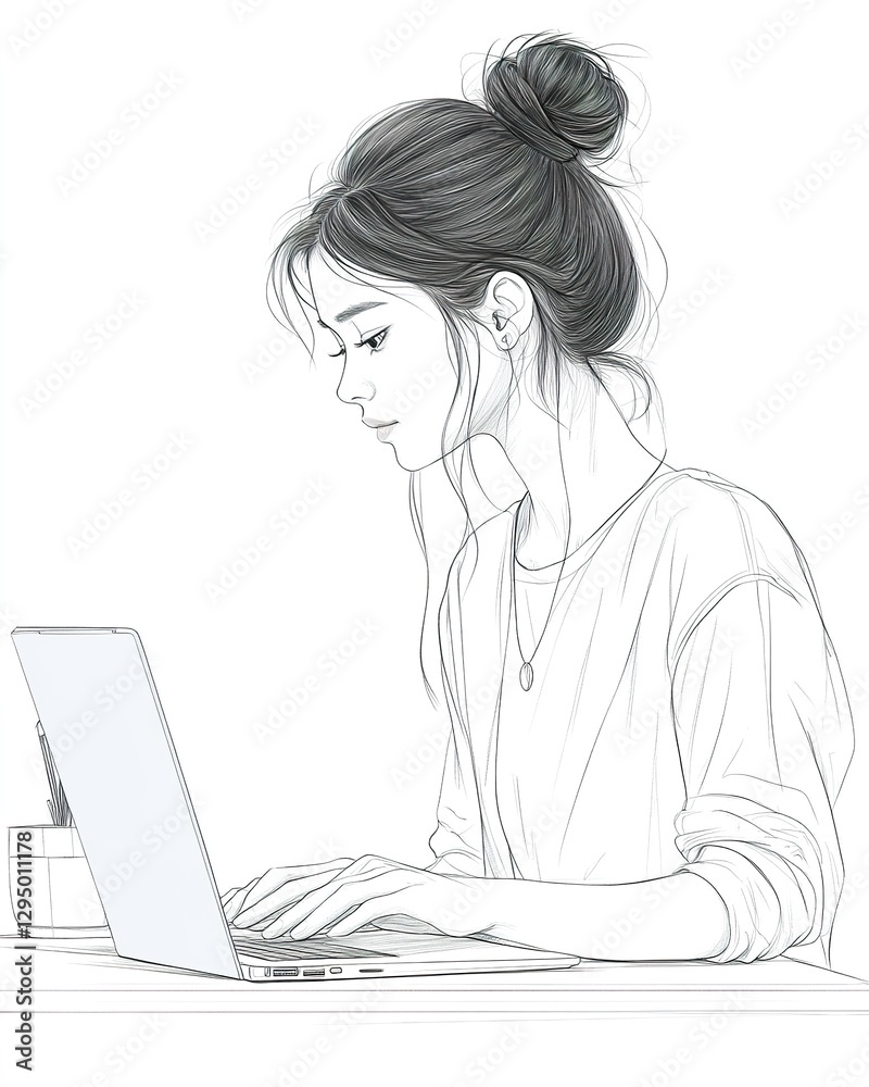Young Woman Working on Laptop in Casual Attire Young Woman Working on Laptop in Casual Attire