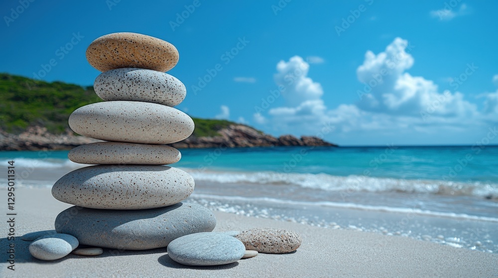 Serene Beach Scene with Stacked Pebbles and Tranquil Ocean Background