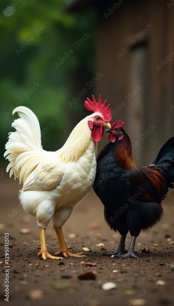 White rooster mating with black hen in farmyard , poultry, rooster, barnyard White rooster mating with black hen in farmyard , poultry, rooster, barnyard