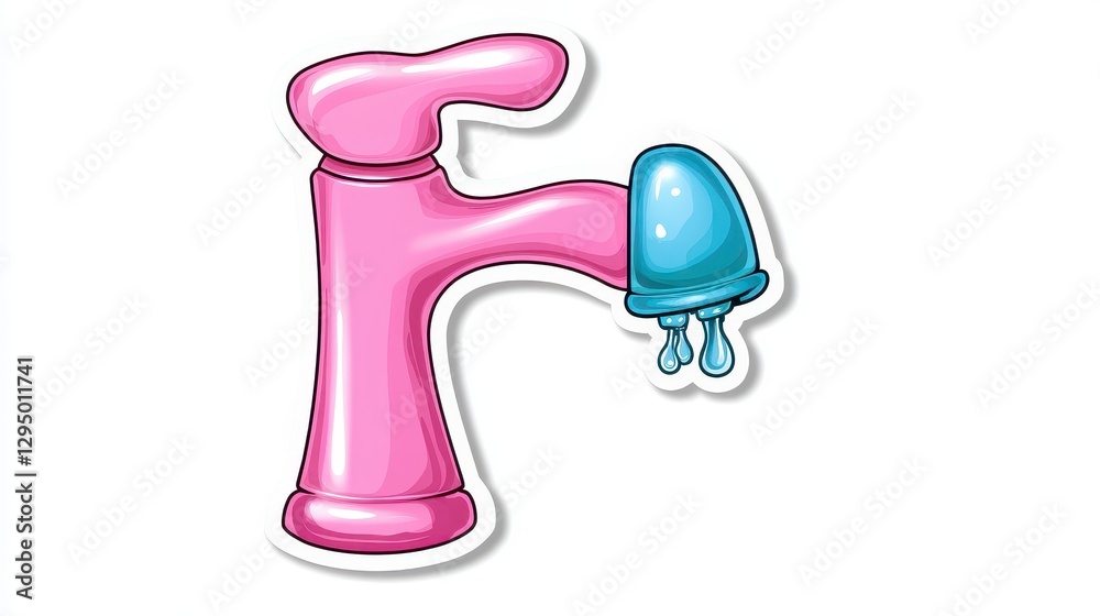 Colorful Cartoon Faucet with Dripping Water and Blue Tap Cap Colorful Cartoon Faucet with Dripping Water and Blue Tap Cap