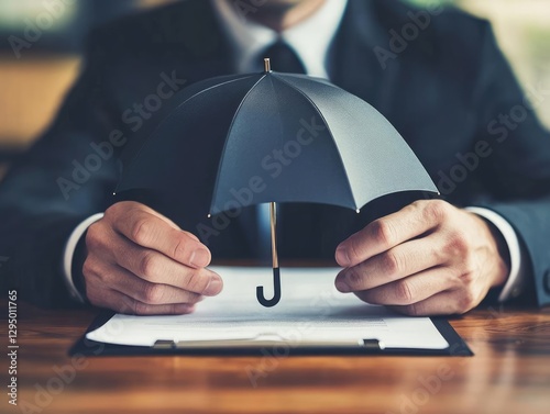 Professional Insurance Consultant Strategically Safeguarding Family and Home Coverage with Detailed Umbrella Protection in a Focused Closeup