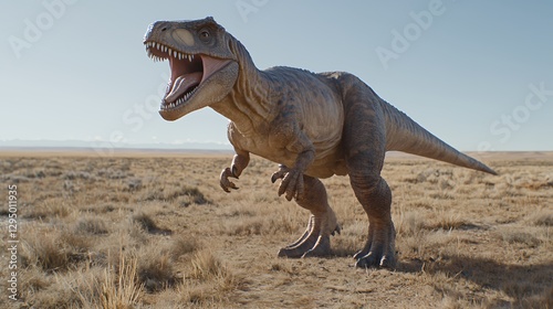 Roaring Tyrannosaurus Rex in a Brown Desert Landscape