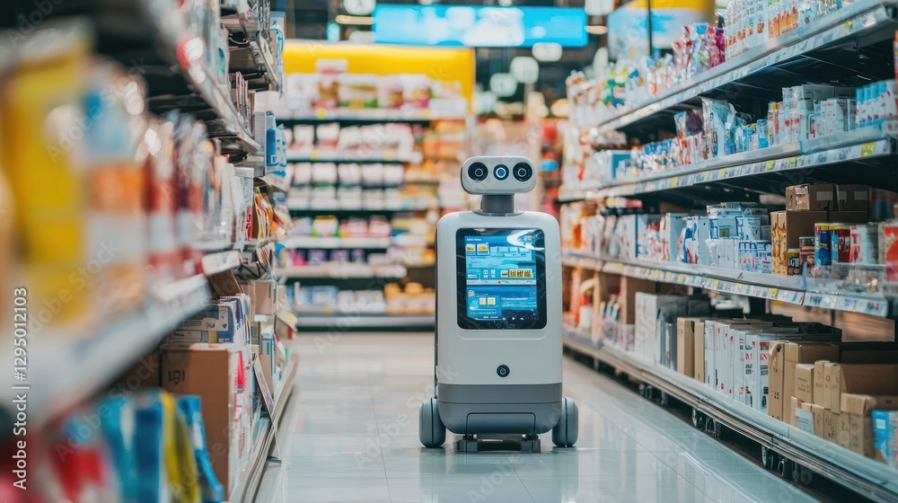 Robot navigating supermarket aisle. Robot navigating supermarket aisle.