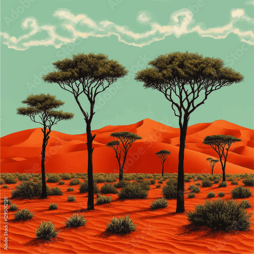 Stunning African Acacia Trees Vector Illustration Against Vibrant Desert Dunes Landscape with Clear Blue Sky and Clouds - Perfect for Nature and Art Inspiration