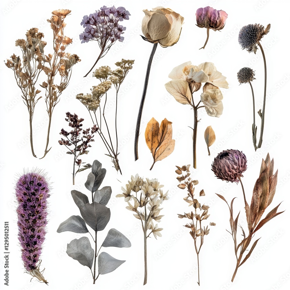 Naklejka premium Collection of Dried Flowers and Botanicals in Various Shapes and Colors for Artistic Decoration and Design Inspiration