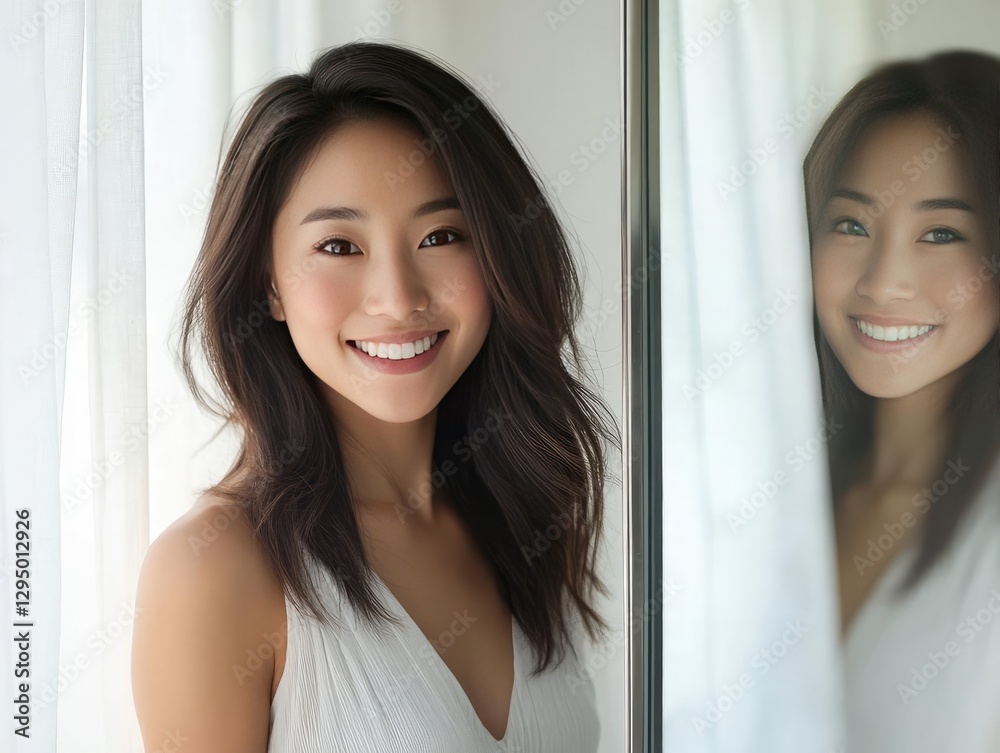 Fototapeta premium Radiant Asian Beauty Captured in a Mirror Reflection Showcasing Flawless Skin and Refreshing Confidence After a Luxurious Facial Treatment Session
