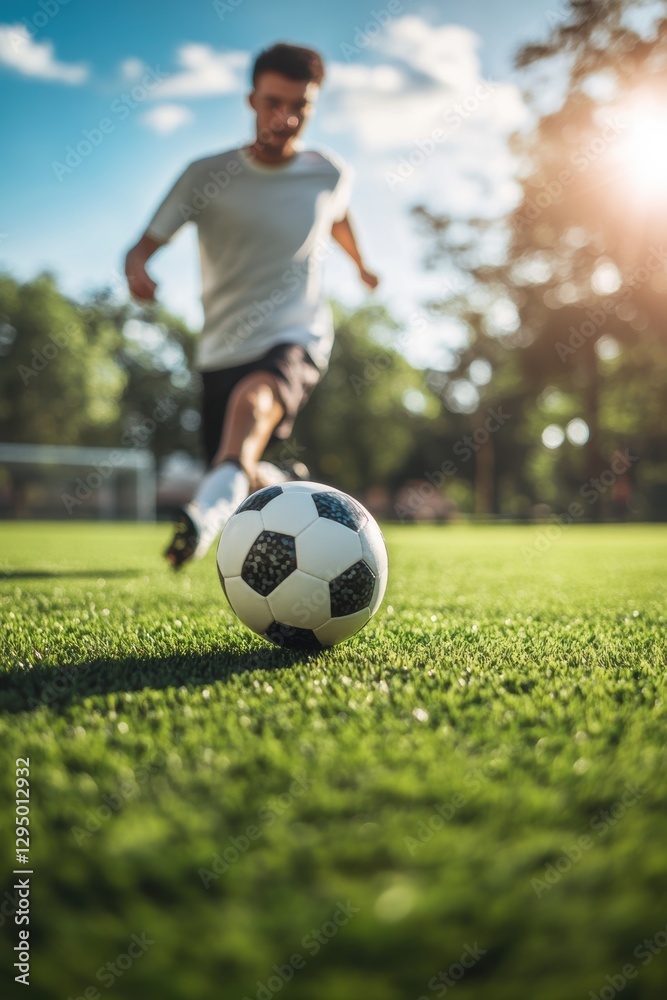 Obraz premium People playing soccer game in field.
