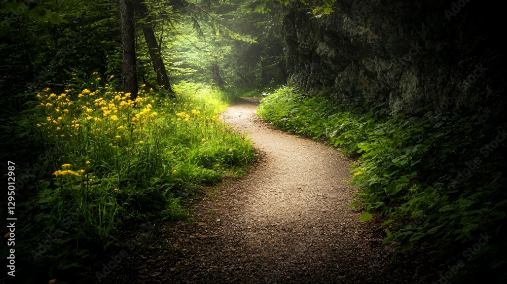 Obraz premium Sunlit Path Winding Through Lush Green Forest