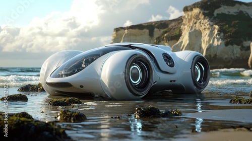 Futuristic white electric car on beach.