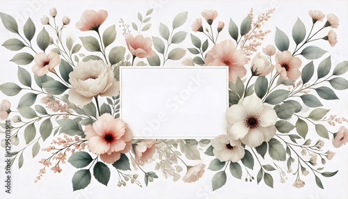 Watercolor floral frame with pastel flowers and green leaves
